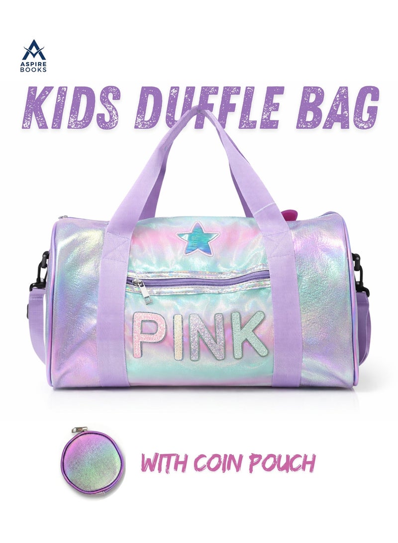Aspire Books Kids Holographic Duffle Bag with Coin Pouch – Iridescent Travel Weekender & Dance Bag for Girls – Glitter "PINK" Lettering, Star Patch, and Adjustable Strap – Perfect for Shopping, Outings, and Sleepovers (Purple/Rainbow) - Image 2